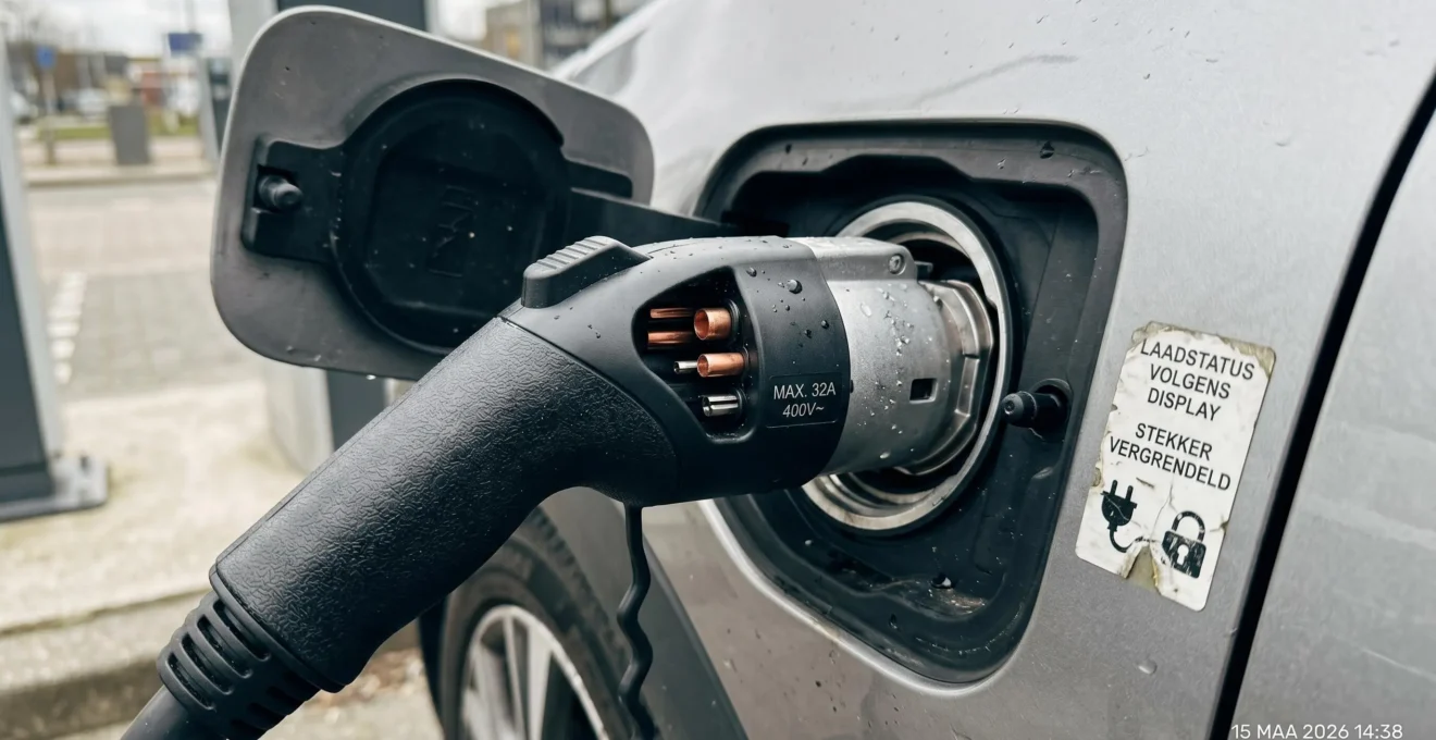Close-up van een oplaadpoort van een elektrisch voertuig met aangesloten kabel, met zichtbare details van de connector en moderne carrosserie.