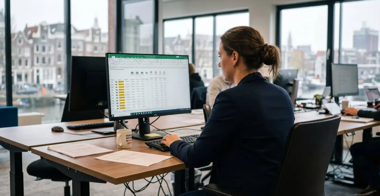 Professionele medewerker in modern Nederlands kantoor raadpleegt vlootbeheergegevens op computerscherm, met stadsgezicht op achtergrond.